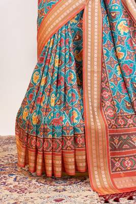 blue patola design and silver coin weaving pure patola silk saree 5