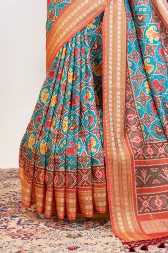 blue patola design and silver coin weaving pure patola silk saree