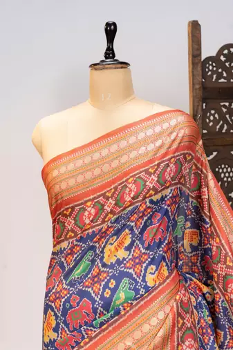 navy blue patola design and silver coin weaving pure patola silk saree