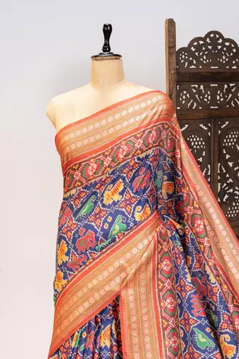 navy blue patola design and silver coin weaving pure patola silk saree