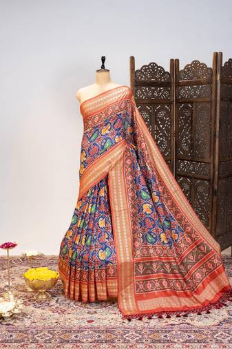 Navy blue color patola design and silver coin weaving pure patola silk saree