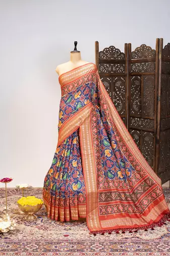 Navy blue color patola design and silver coin weaving pure patola silk saree