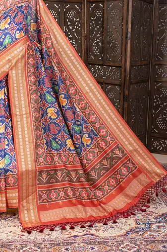navy blue patola design and silver coin weaving pure patola silk saree