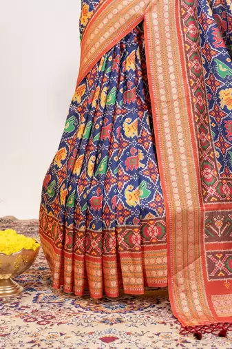 navy blue patola design and silver coin weaving pure patola silk saree