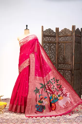 Hot pink color zari and meena weaving khadi raw silk saree