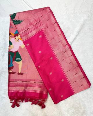 hot pink zari and meena weaving khadi raw silk saree 5