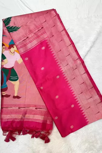 hot pink zari and meena weaving khadi raw silk saree