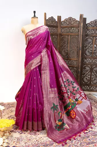Purple color zari and meena weaving khadi raw silk saree