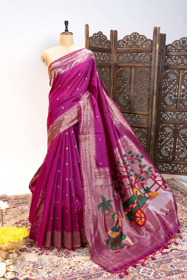 Purple color zari and meena weaving khadi raw silk saree