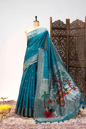 Teal color zari and meena weaving khadi raw silk saree