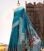 Teal color zari and meena weaving khadi raw silk saree