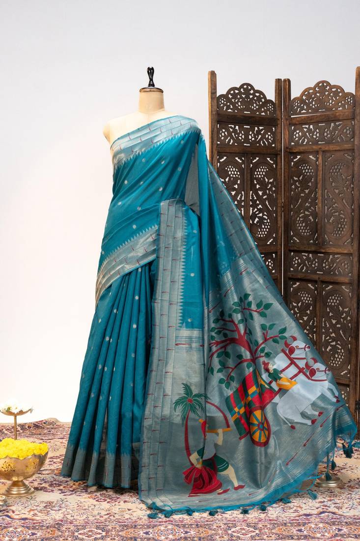 Teal color zari and meena weaving khadi raw silk saree