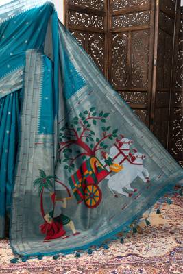 teal zari and meena weaving khadi raw silk saree 3