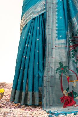 teal zari and meena weaving khadi raw silk saree 4