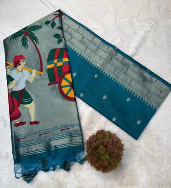 teal zari and meena weaving khadi raw silk saree 5