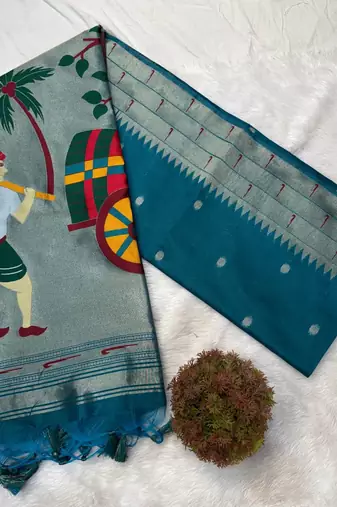 teal zari and meena weaving khadi raw silk saree