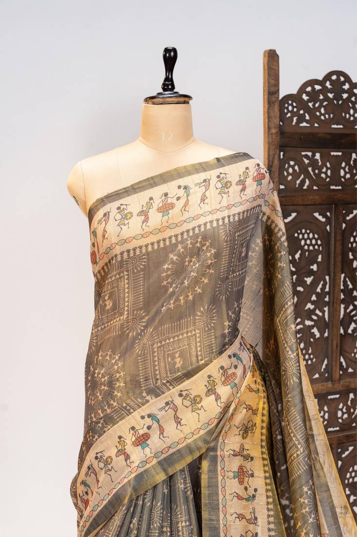 Grey color warli printed tissue tussar silk saree