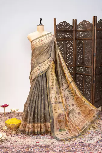 Grey color warli printed tissue tussar silk saree