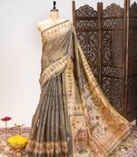 Grey color warli printed tissue tussar silk saree