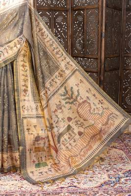 grey warli printed tissue tussar silk saree 3