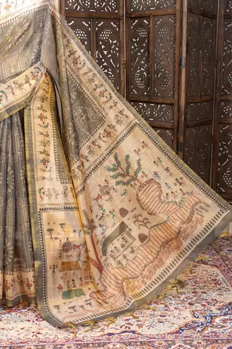 grey warli printed tissue tussar silk saree