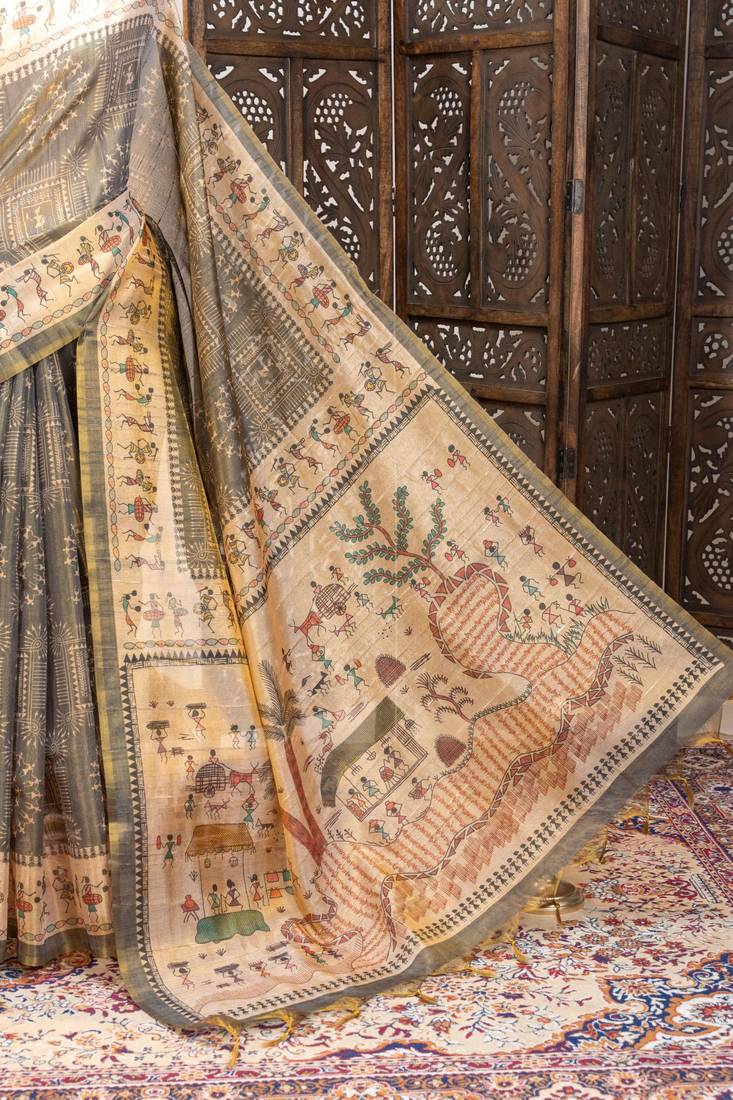 Grey color warli printed tissue tussar silk saree