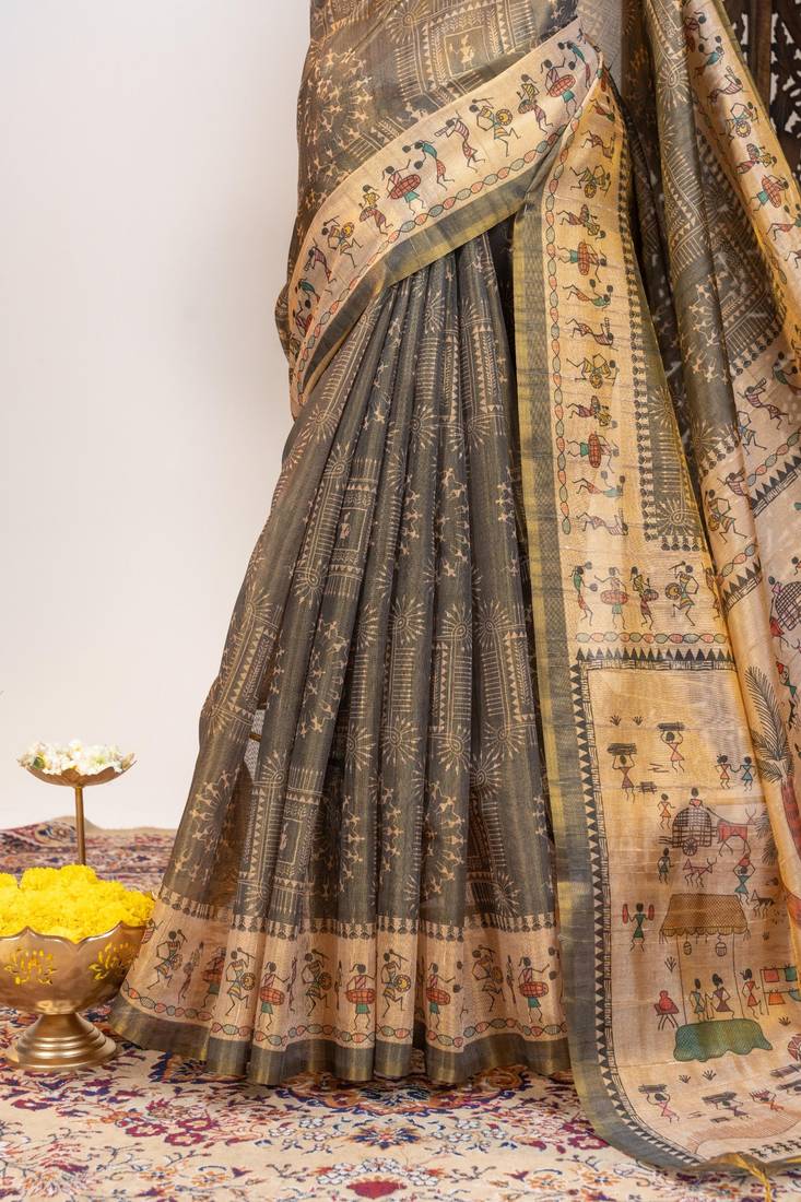 Grey color warli printed tissue tussar silk saree