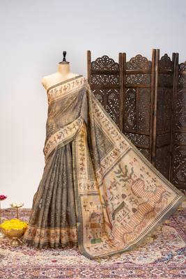 grey warli printed tissue tussar silk saree 5