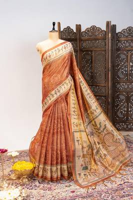 light orange warli printed tissue tussar silk saree 1