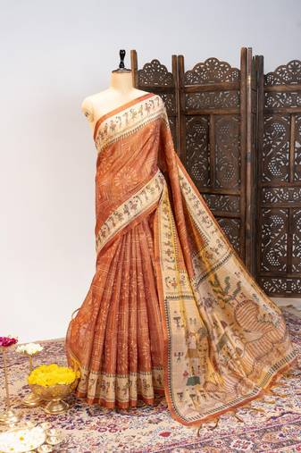 Light orange color warli printed tissue tussar silk saree