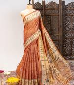 Light orange color warli printed tissue tussar silk saree