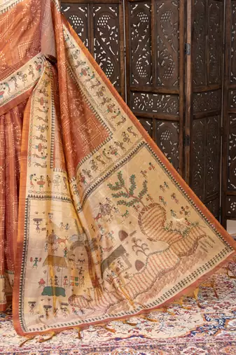 light orange warli printed tissue tussar silk saree