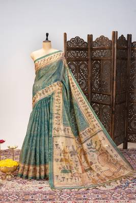 light teal warli printed tissue tussar silk saree 1