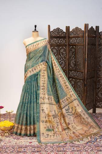 Light teal color warli printed tissue tussar silk saree