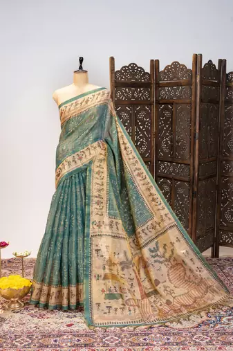 Light teal color warli printed tissue tussar silk saree