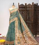 Light teal color warli printed tissue tussar silk saree