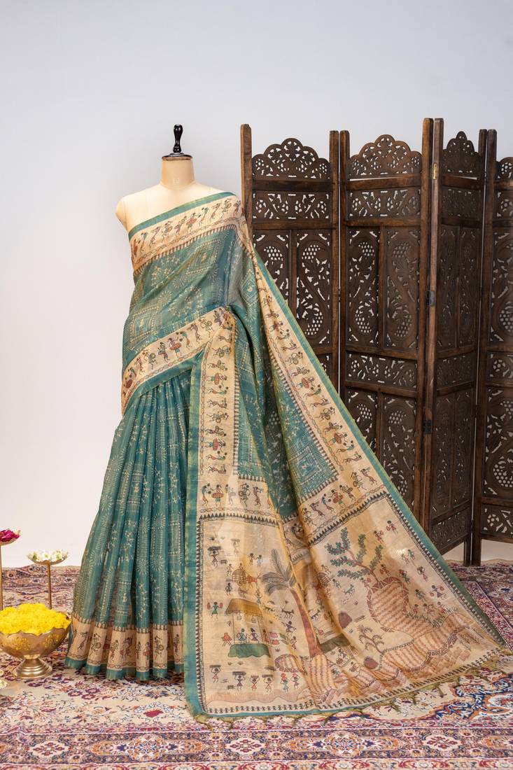 Light teal color warli printed tissue tussar silk saree