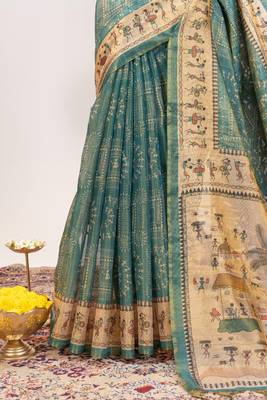 light teal warli printed tissue tussar silk saree 4