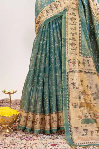 light teal warli printed tissue tussar silk saree
