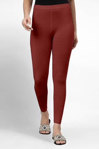 Maroon super combed cotton elastane stretch ankle length leggings with ultrasoft waistband