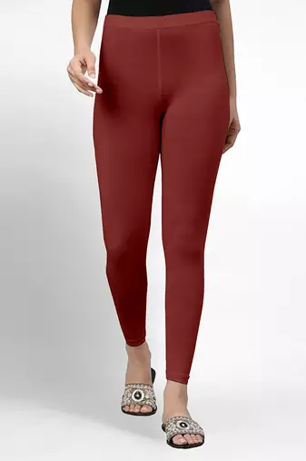 Maroon super combed cotton elastane stretch ankle length leggings with ultrasoft waistband