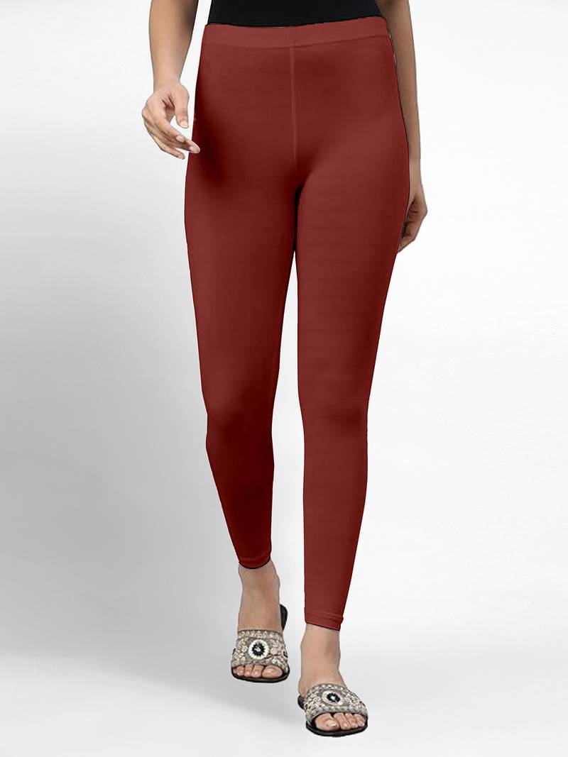 Maroon super combed cotton elastane stretch ankle length leggings with ultrasoft waistband