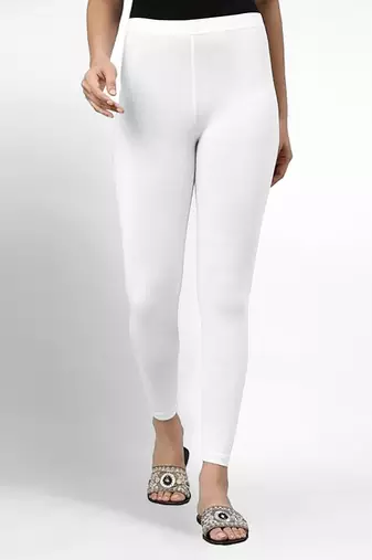 White super combed cotton elastane stretch ankle length leggings with ultrasoft waistband
