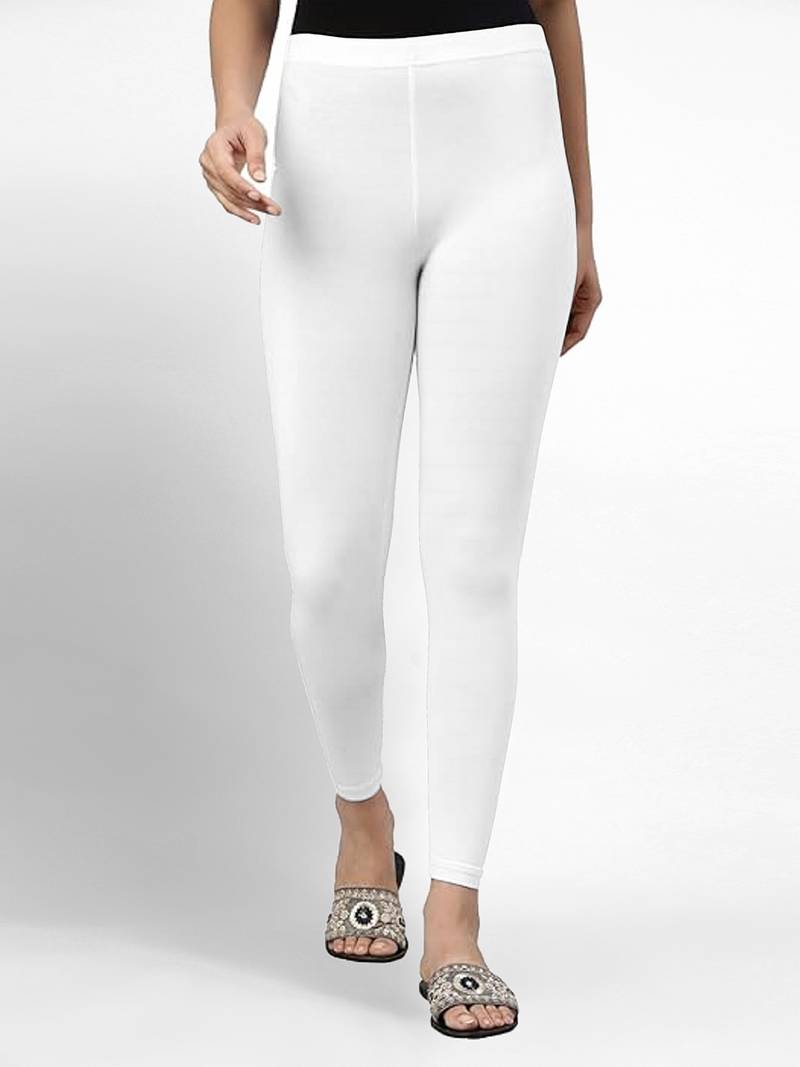 White super combed cotton elastane stretch ankle length leggings with ultrasoft waistband