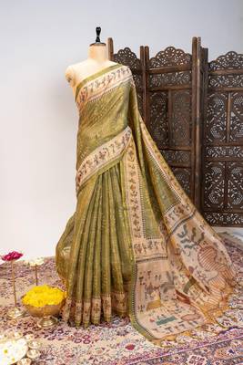 olive warli printed tissue tussar silk saree 1