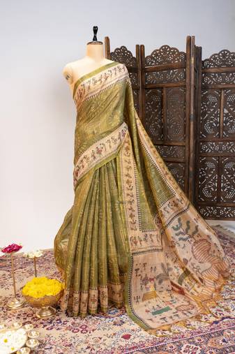 Olive color warli printed tissue tussar silk saree