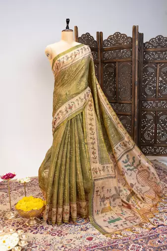Olive color warli printed tissue tussar silk saree