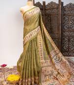 Olive color warli printed tissue tussar silk saree