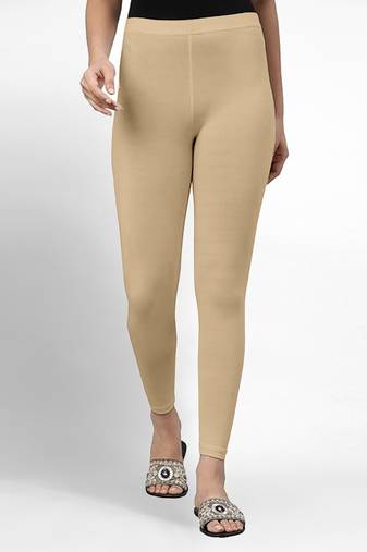 Beige super combed cotton elastane stretch ankle length leggings with ultrasoft waistband