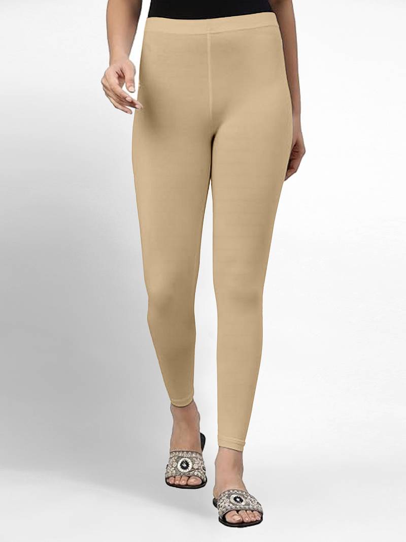 Beige super combed cotton elastane stretch ankle length leggings with ultrasoft waistband